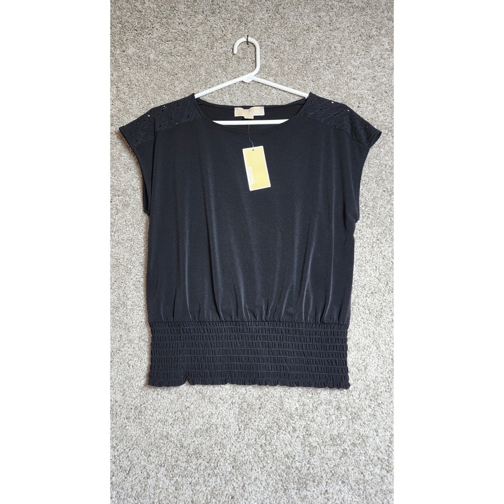 Michael Kors Black Sleeveless Top Smocked Hem Eyelet Detail Casual Workwear Smal